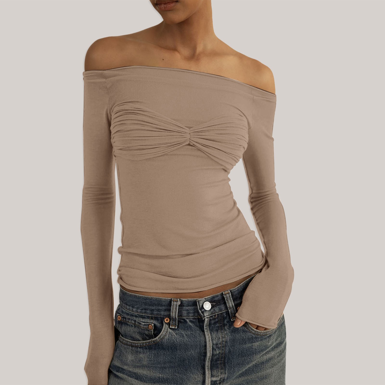 thumbnail image 2 of Top de manga larga con hombros descubiertos para mujer: corte ajustado, espalda descubierta, color liso, poliéster, elástico, moda/casual, fiesta/día a día, 2 of 4